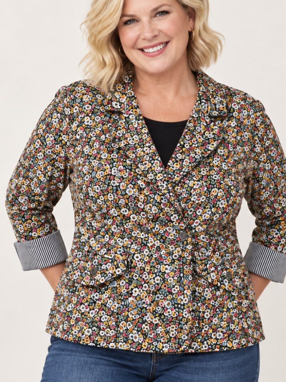 Christopher & Banks Floral Blazer Black Multicolor Cotton Jacket